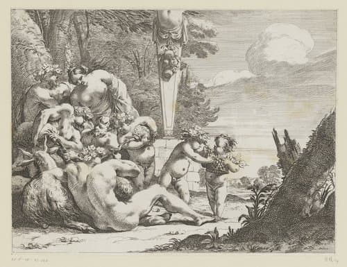 Drinkende bacchanten bij Priapus