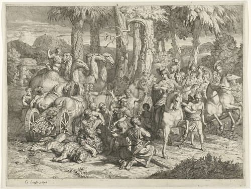 Semiramis wordt twee dode leeuwen getoond