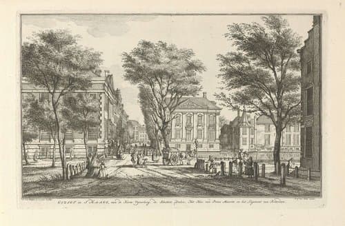 Gezigt in 's Haage, van de Korte Vyverberg, de Schutters Doelen, het Huis van Prins Maurits en het Logement van Rotterdam