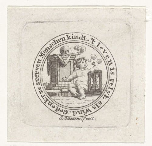 Vanitas met bellen blazend kind, schedel en zandloper