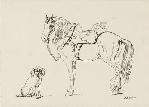 Gezadeld paard en een hond