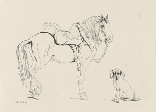 Gezadeld paard en hond