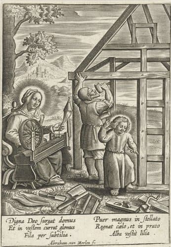 Christus helpt Jozef bij het bouwen van een huis