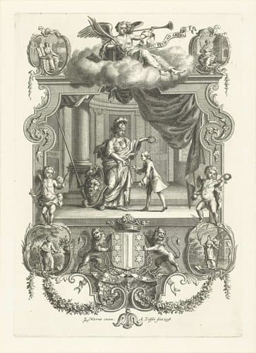 Allegorische voorstelling met Minerva en jongen in cartouche met deugden