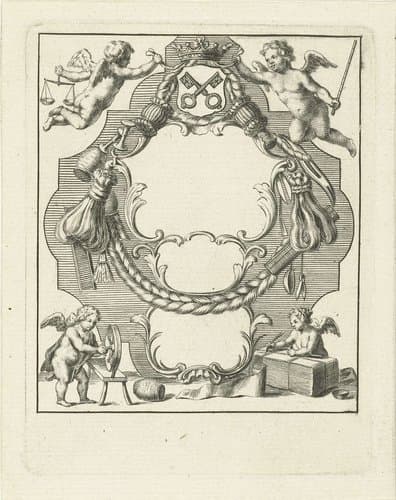 Cartouche met kleine engelen en materialen uit wolindustrie