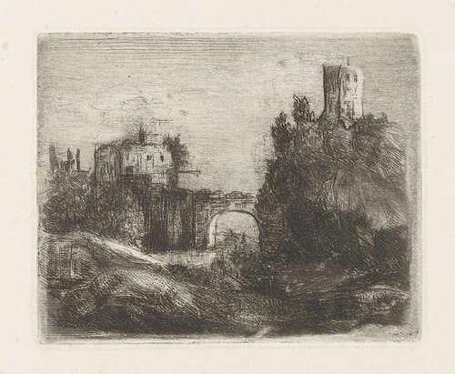 Zuidelijk landschap met poort en toren op rots