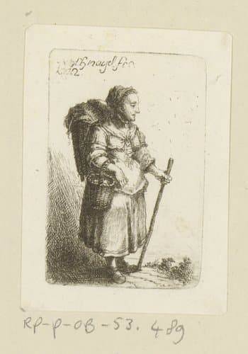 Vrouw met rugbepakking, mand en stok