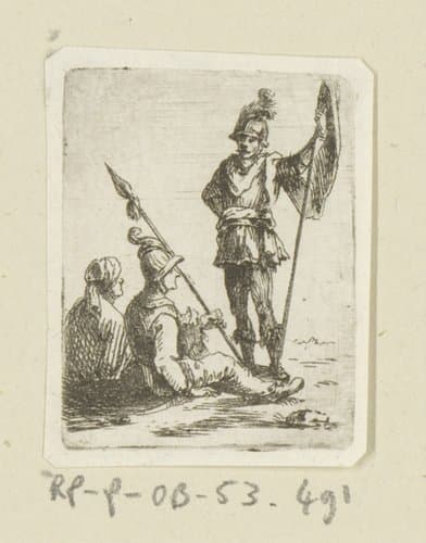 Staande en zittende soldaat en een zittende vrouw