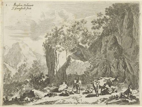 Berglandschap met herder, herderin en vee