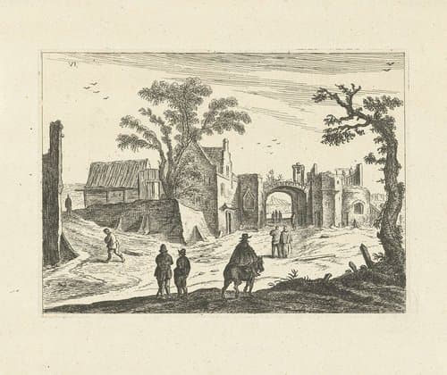 Landschap met stadspoort