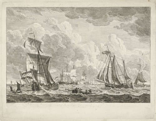 Diverse zeilschepen en een roeiboot