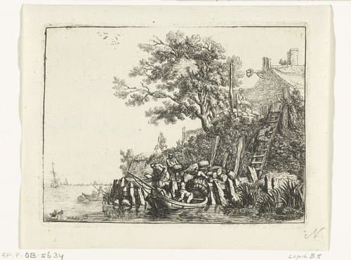 Mannen laden graanschoven in een boot