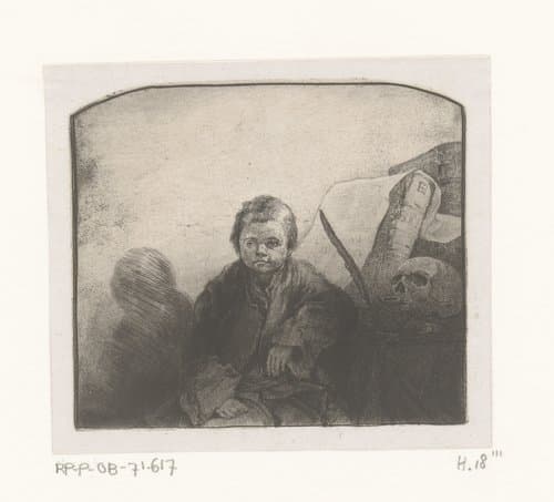 Zittende jongen bij een tafel met boek en schedel