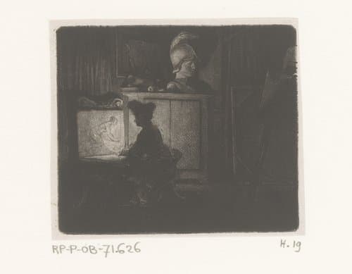 Tekenaar in donker interieur