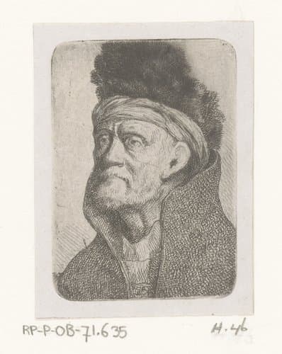 Kop van man met bontmuts en hoge kraag