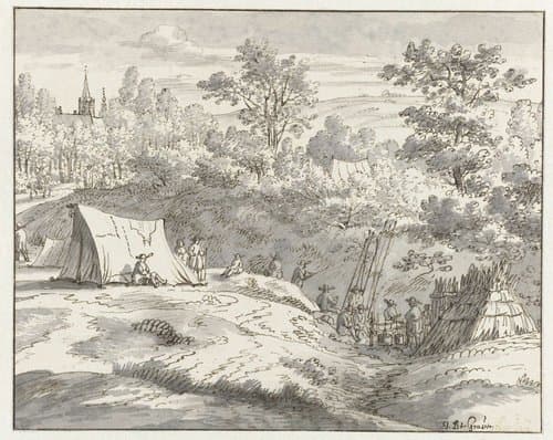 Gezicht op een kampement van het leger van Willem III bij Limal