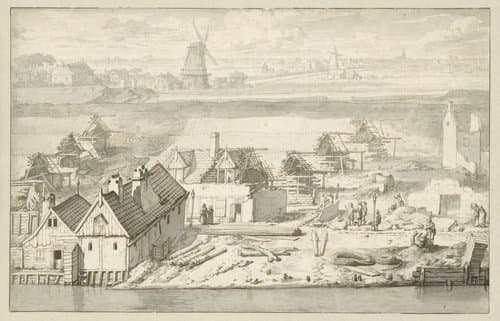 Ruïnes van de drie uitgebrande lijnbanen op de schans aan de Smallepadsgracht, 1680