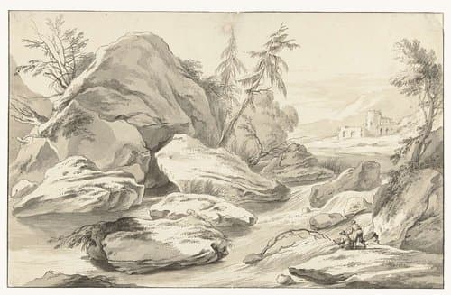 Rotsachtig landschap met een tekenaar bij een rivier