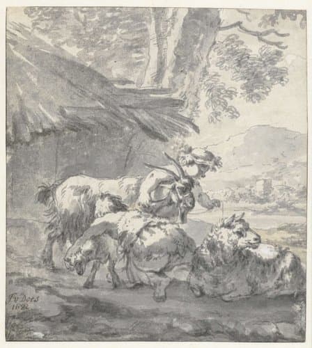 Landscape with Two Children Playing with a Goat, a Lamb and a Sheep