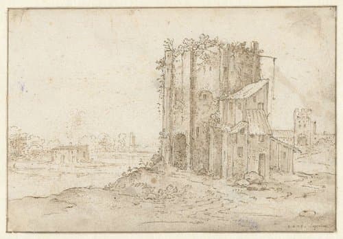 Landschap met de ruïne van een ronde toren