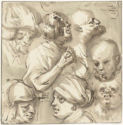 Schetsblad met zeven koppen