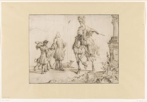 Heer met voetknecht bij een dame te paard