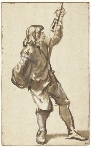 Staande jongen die een touw vasthoudt