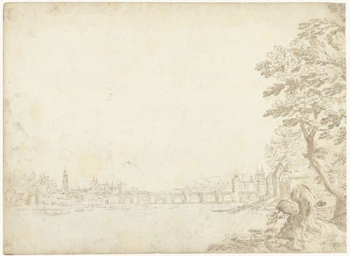 Gezicht op een stad aan een rivier (de Donau?)