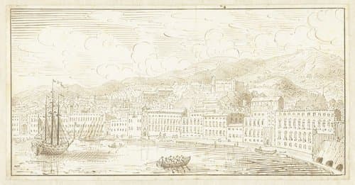 Schip gelegen voor de kade van een stad