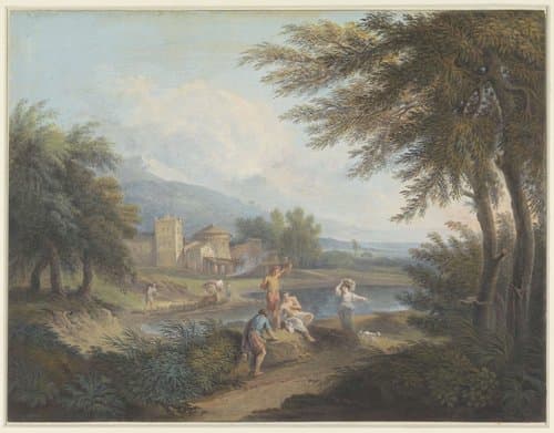 Arcadisch landschap met herders en een vrouw