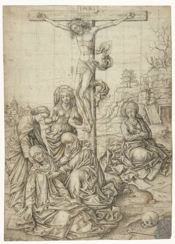 Christus aan het kruis met Johannes, de drie Maria's en Maria Magdalena onder het kruis