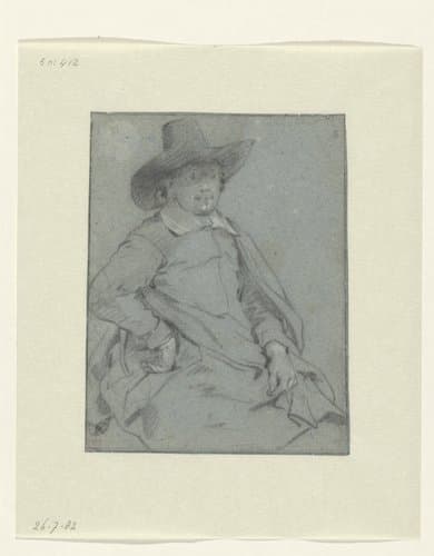 Zittende man met hoed en mantel, naar rechts