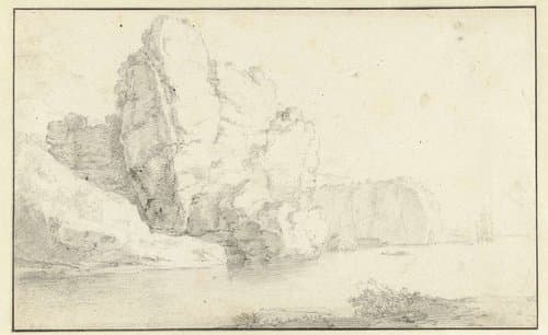 Rotsachtige kust met schepen in de nabijheid