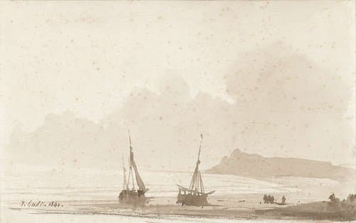 Zeekust met schepen op het strand