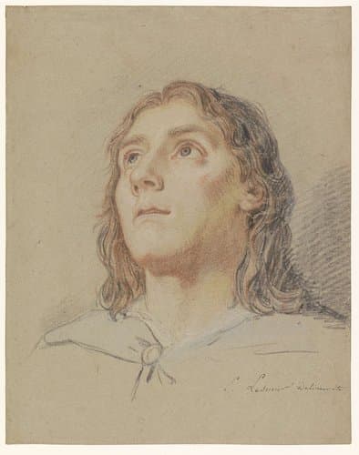 Hoofd van een opziende jongeling met lang haar