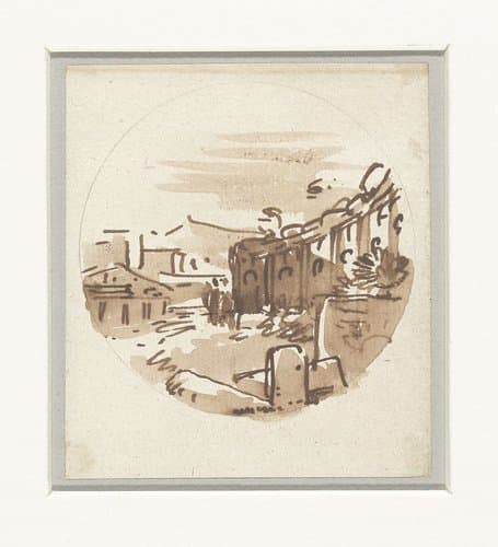 Vluchtige schets van klassieke gebouwen, een tempel en een portiek in een gebogen wand