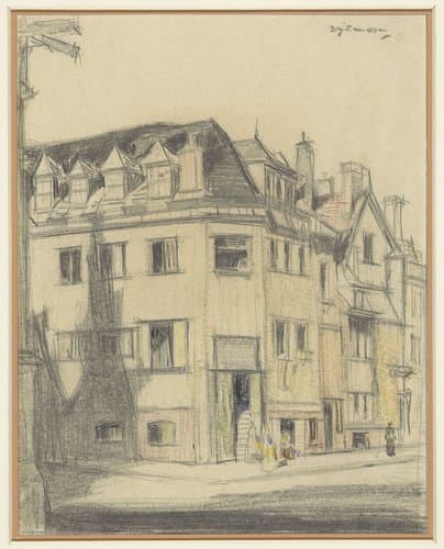 Gezicht op de hoek van een straat in een Engelse stad