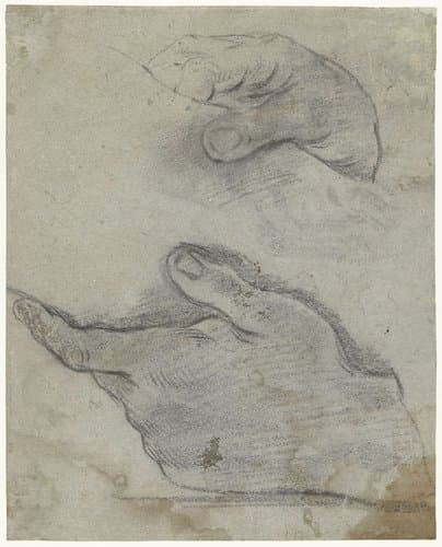 Twee handen, die een been (?) vasthouden