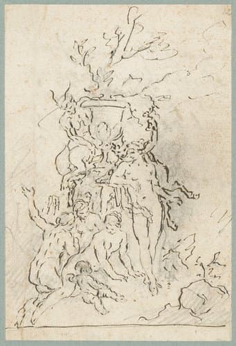 Nimfen en saters opgesteld rondom een siervaas