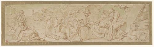 Ontwerp voor een graflegging met links de wenende Maria