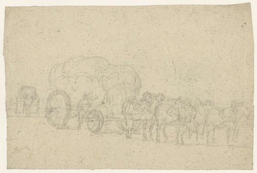 Zes span paarden voor een hoog opgeladen vrachtwagen