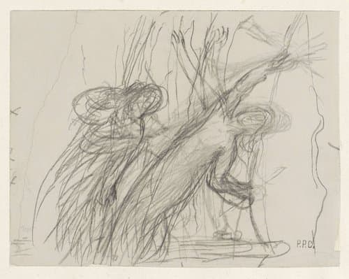 Schets van twee vrouwelijke figuren, waarvan één met opgeheven armen achterovervalt