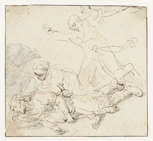 Distraught Man Running towards a Woman Succouring a Fallen Man