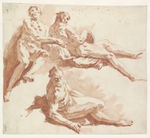 Drie studies van een zittende oude man voor riviergoden