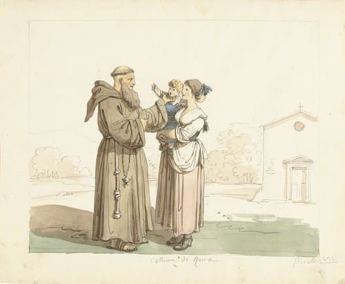 Jonge vrouw met kind staande voor een monnik