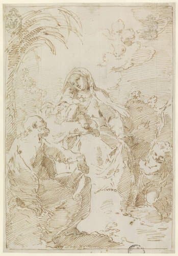 De Heilige Familie met de kleine Johannes de Doper, zittend onder een palmboom