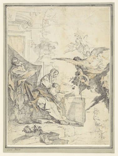 De Heilige Familie met rozen nederwerpende engelen