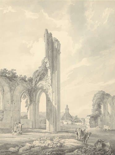 Ruïne van Glastonbury Abbey met Abbot's Kitchen op de achtergrond