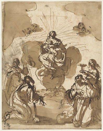 Vier heiligen aanbidden Maria