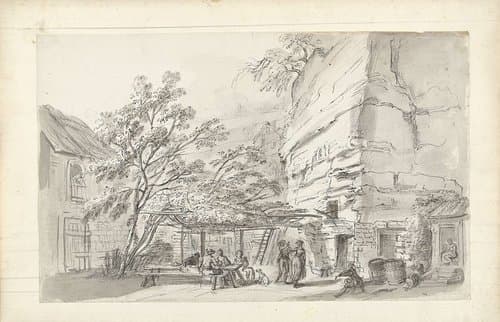 Drinkende en dansende personen op de binnenplaats van een taveerne tussen ruïnes